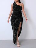 Momnfancy Black Slit Sequin Photoshoot Sparkly Off Shoulder Maternity Maxi Dress