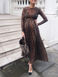 Momnfancy Leopard Print Round Neck Long Sleeve High Waisted Party Maternity Dress
