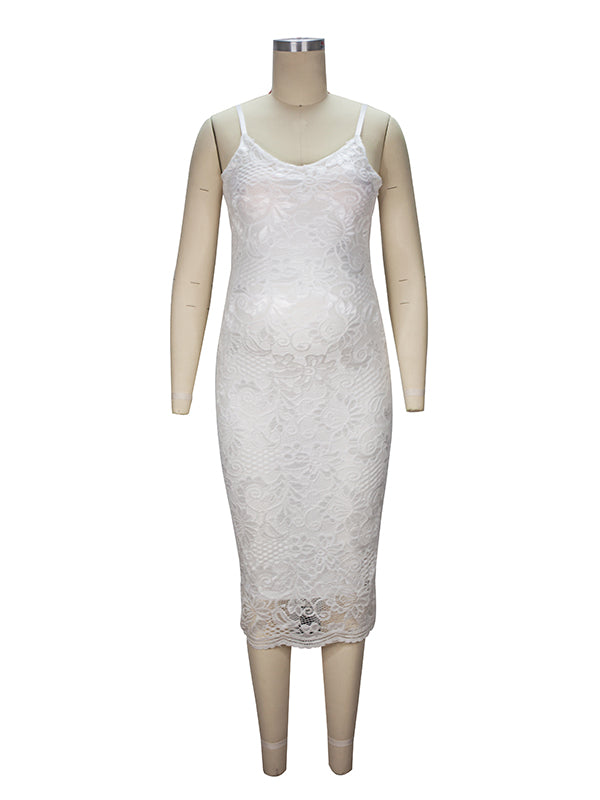 Momnfancy White Lace Spaghetti Strap Bodycon Fitted V-neck Cami Maternity Elegant Babyshower party Midi Dress