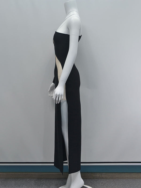 Momnfancy Black One Sleeve Side Slit Sheer Bodycon Elegant Photoshoot Gown Maternity Maxi Dress