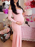 Momnfancy Off Shoulder Mermaid Side Slit Pregnant Maternity Baby Shower Photoshoot Mini Dress