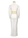 Momnfancy Solid Color Ruffle High Neck Crop Top 2-in-1 Long Sleeve Bodycon Club Party Photoshoot Maternity Maxi Dress