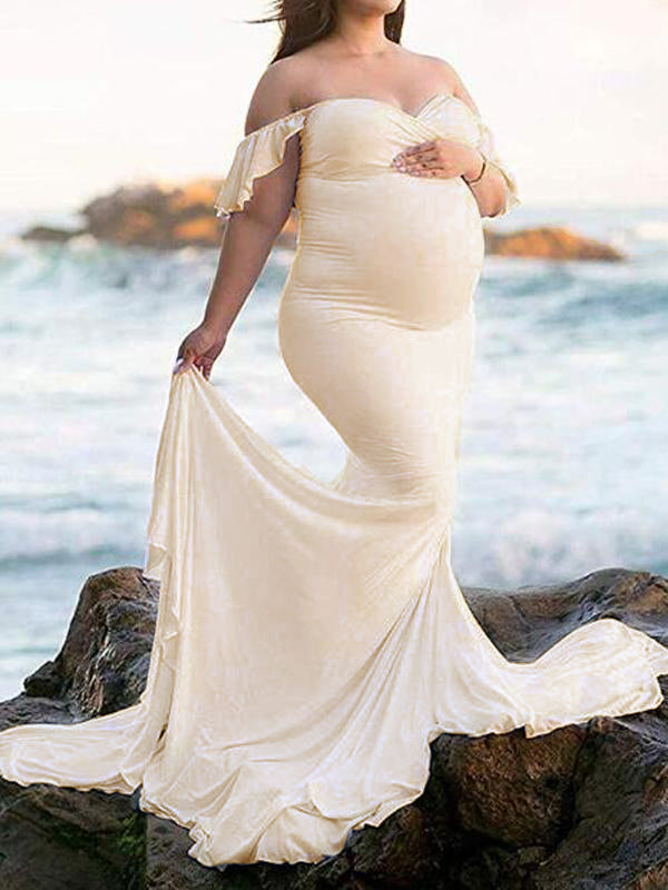 Momnfancy Mermaid Babyshower Maternity Ruffle Off Shoulder Draped Maxi Dress