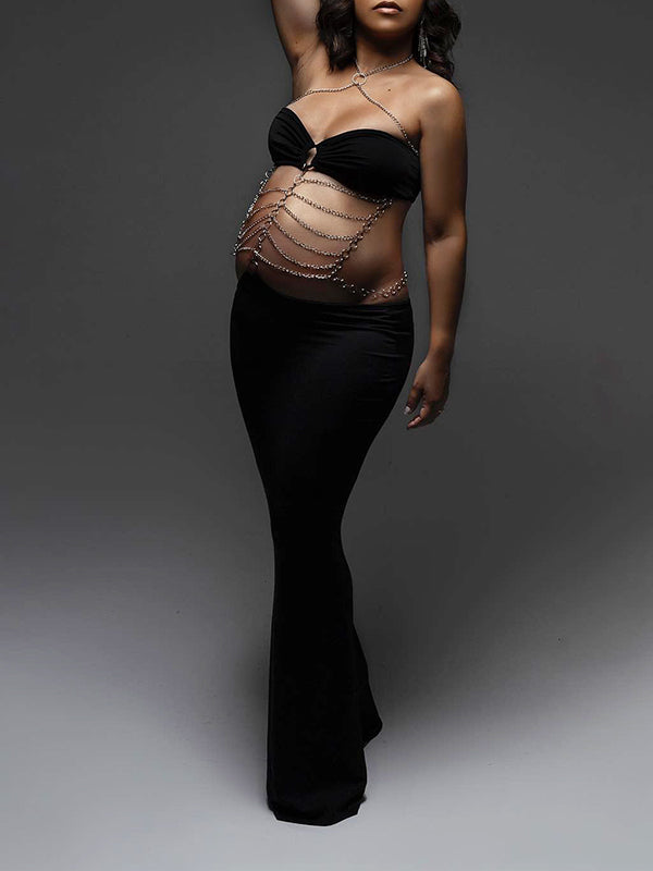 Momnfancy Black Cut Out Chain Halter Neck Photoshoot Elegant Maternity Maxi Dress