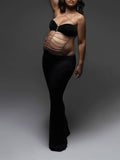 Momnfancy Black Cut Out Chain Halter Neck Photoshoot Elegant Maternity Maxi Dress
