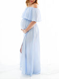Momnfancy Baby Blue Ruffle Off Shoulder Side Slit Flowy Baby Shower Gown Elegant Maternity Photoshoot Maxi Dress
