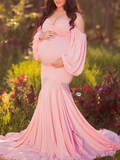 Momnfancy Bodycon Off Shoulder Slit Mermaid Baby Shower Maternity Maxi Dress
