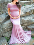 Momnfancy Mermaid Off Shoulder Baby Shower Short Sleeve Maternity Dress