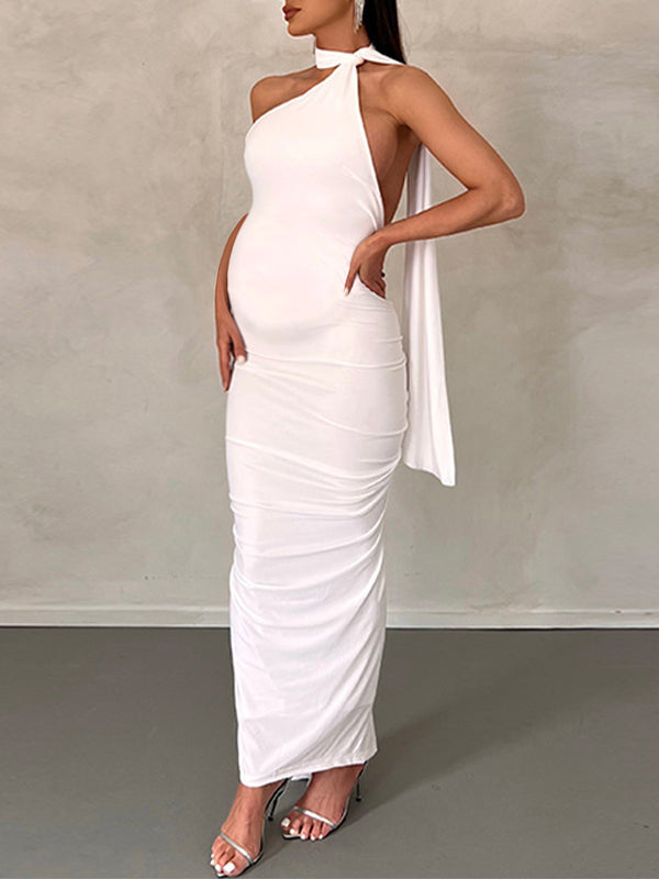 Momnfancy White Backless Ruched Side Draped Halter Neck Elegant Bodycon Photoshoot Gown Baby Shower Maternity Maxi Dress