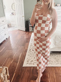 Momnfancy Spaghetti Strap U-Neck Plaid Bodycon Elegant Babyshower Maternity Maxi Dress