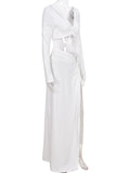 Momnfancy White 2-in-1 Cut Out Side Slit Drawstring V-neck Fashion Photoshoot Maternity Maxi Dress