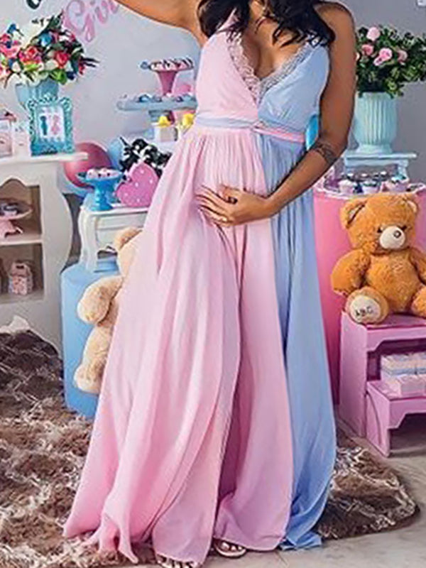 Momnfancy Pink-Blue Lace V-neck Cami Sleeveless Spaghetti Strap Slit  Backless Gender Reveal Cute Maternity Photoshoot Maxi Dress – momnfancy
