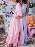 Momnfancy Pink-Blue Lace V-neck Cami Spaghetti Strap Slit Backless Gender Reveal Photoshoot Cute Maternity Photoshoot Maxi Dress