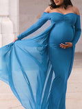 Momnfancy Off Shoulder V-neck Long Sleeve Maternity Photoshoot Maxi Dress