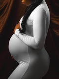 Momnfancy White Bodycon Stretch High Neck Long Sleeve Sports Babyshower Romper Maternity Jumpsuit