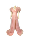 Momnfancy Ruffle Tulle Split Joint V-Neck Trailing Puffy Plus Size Photoshoot Formal Maternity Maxi Dress