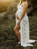 Momnfancy Lace Slit Bandeau Photoshoot Maternity Maxi Dress