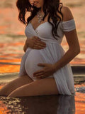 Momnfancy Draped Off Shoulder Slit Maternity Photoshot Maxi Dress