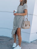 Momnfancy Knot Side Slits Round Neck Short Sleeve Casual Maternity Maxi Dress