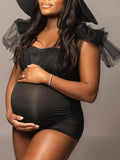 Momnfancy Black Patchwork Grenadine Pleated Photoshoot Photography Pregnancy Maternity Swimwear