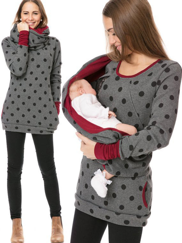Momnfancy Pattern Polka Dot Pockets Long Sleeve Maternity Daily Nursing Baby Carrier Sweatshirt