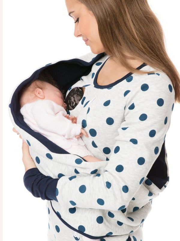 Momnfancy Pattern Polka Dot Pockets Long Sleeve Maternity Daily Nursing Baby Carrier Sweatshirt
