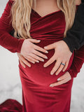 Momnfancy Off Shoulder Trailing Pleuche V-Neck Elegant Photoshoot Maternity Maxi Dress