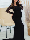 Momnfancy Black Lace Ruffle Off Shoulder Mermaid Evening Gown Baby Shower Maternity Photoshoot Maxi Dress