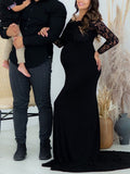 Momnfancy Black Lace Ruffle Off Shoulder Mermaid Evening Gown Baby Shower Maternity Photoshoot Maxi Dress