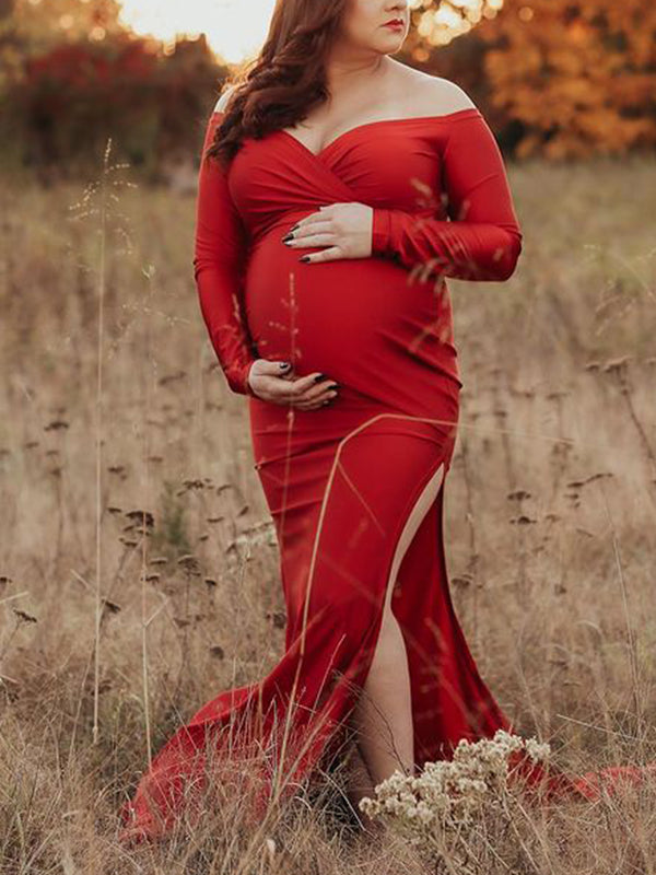 Momnfancy Side Slit Fitted Off Shoulder V-neck Long Sleeve Baby Shower Evening Maternity Maxi Photoshoot Dress