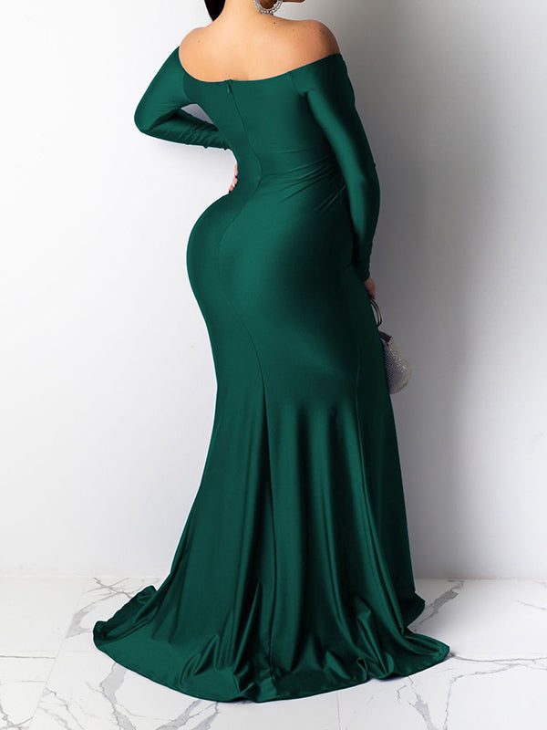 Momnfancy Green Off Shoulder Side Slit Banquet Photo Gown Baby Shower Maternity Evening Maxi Dress