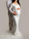 Momnfancy Off Shoulder Floor Mopping Bodycon Photoshoot Maternity Elegant Maxi Dress