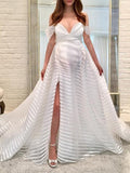 Momnfancy Off-shoulder V-neck Side Slit Striped Maternity Maxi Dress