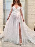 Momnfancy Off-shoulder V-neck Side Slit Striped Maternity Maxi Dress