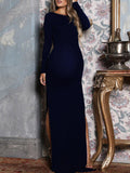 Momnfancy Backless Side Slit Long Sleeve Banquet Maternity Dress