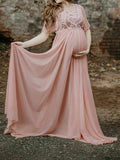 Momnfancy Photoshoot Flowy Lace V-neck Short Sleeve Flower Print Maternity Maxi Dress