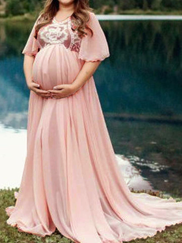 Momnfancy Photoshoot Flowy Lace V-neck Short Sleeve Flower Print Maternity Maxi Dress