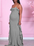 Momnfancy Off-shoulder Spaghetti Strap Peplum Maternity Maxi Dress