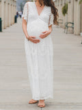 Momnfancy White Lace V-neck Short Sleeve Wedding Maternity Maxi Dress