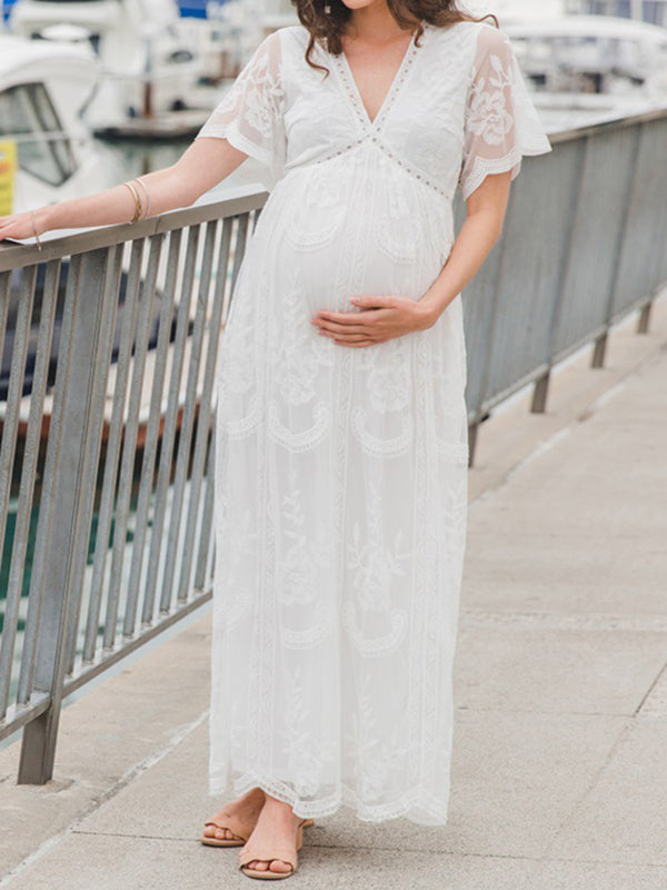 Momnfancy White Lace V-neck Short Sleeve Wedding Maternity Maxi Dress