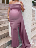 Momnfancy Bodycon Off Shoulder Side Draped Gown Plus Size Maternity Maxi Dress