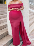 Momnfancy Bodycon Off Shoulder Side Draped Gown Plus Size Maternity Maxi Dress
