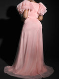 Momnfancy Plus Size Tulle Ruffle Trailing Side Slit V-Neck Babyshower Evening Maternity Maxi Dress