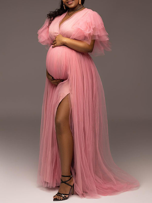 Momnfancy Tulle Ruffle Slit Big Swing Plus Size Elegant Photoshoot Maternity Maxi Dress