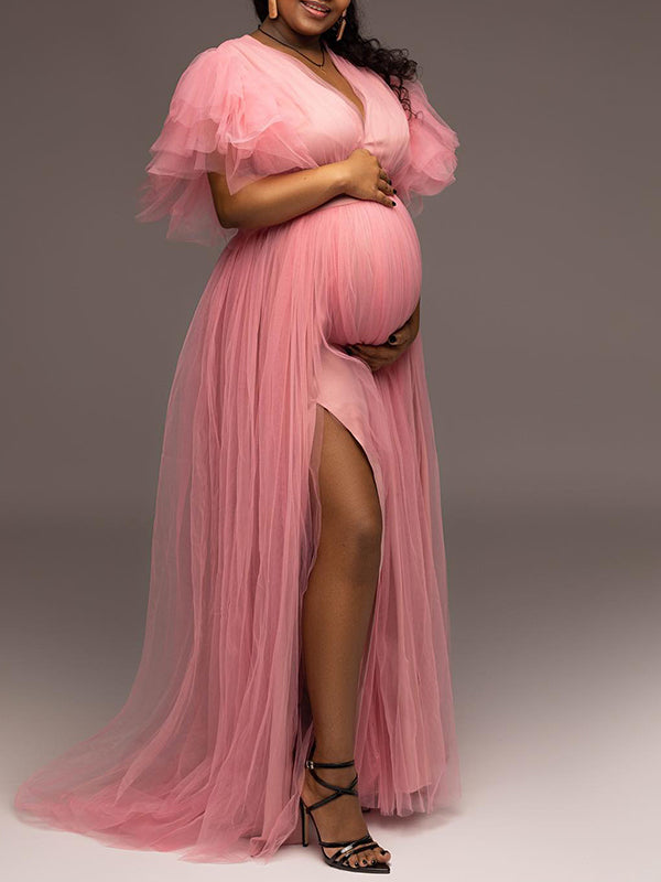 Momnfancy Tulle Ruffle Slit Big Swing Plus Size Elegant Photoshoot Maternity Maxi Dress