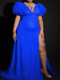 Momnfancy Plus Size Tulle Ruffle Trailing Side Slit V-Neck Babyshower Evening Maternity Maxi Dress