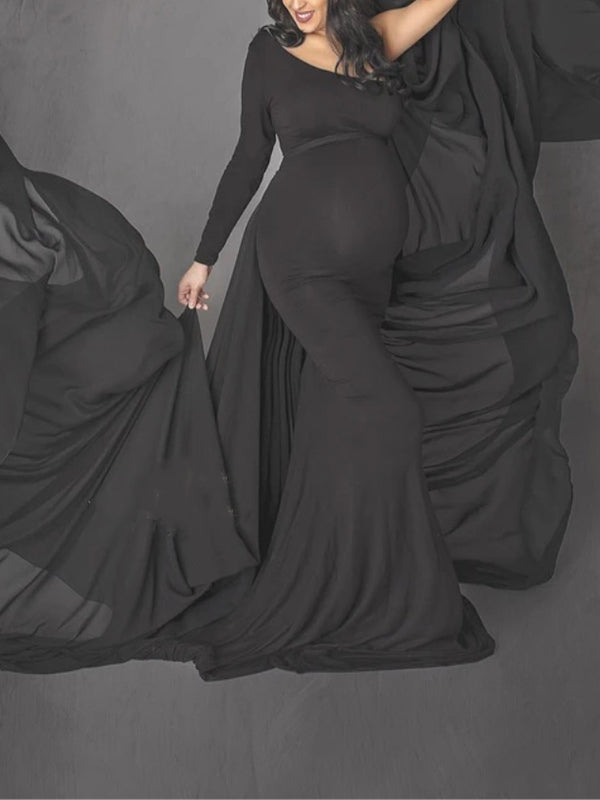 Momnfancy Black Chiffon Flowy High Waist Photoshoot Maternity Cloak