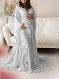 Momnfancy Solid Color Lace High Waist V-Neck Photoshoot Maternity Maxi Dress