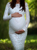 Momnfancy Bodycon Off Shoulder White Print Formal Long Sleeve Maternity Maxi Dress