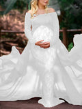 Momnfancy Photoshoot Lace Tulle Off Shoulder Bodycon Flying Maternity Maxi Dress